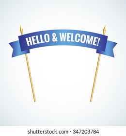Welcome sign. Vector illustration. White inscription hello and welcome to the blue transporant. Text with Banner ribbon business on a white background isolated.