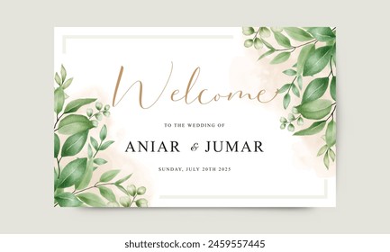 Welcome sign wedding invitation with elegant watercolor green leaves