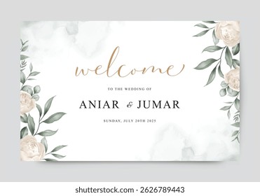 Welcome sign wedding invitation template with elegant floral watercolor