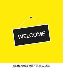 Welcome signboard. Vector illustration. Sign, shop, store, door, shopping, invitation, invite, new establishment, client, customer. Business concept. Vector line icon for Business and Advertising.