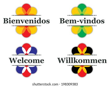 "Welcome" Signs in 4 languages: spanish, portuguese, english and german. CMYK Ai10 vector illustration, global colors.