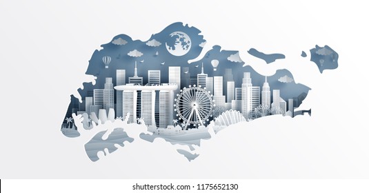 Welcome to Singapor with map concept and Singapore famous landmarks in paper cut style vector illustration. Travel poster, postcard and advertising design.