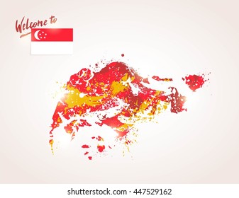 Welcome to Singapore. Colorful singaporean map isolated with  flag and paint/ink splashes. Welcome to inscription. Watercolor drawing. Vector illustration