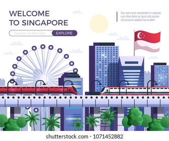 Welcome to singapore flat vector illustration representing attractions of modernized country to explore and travel