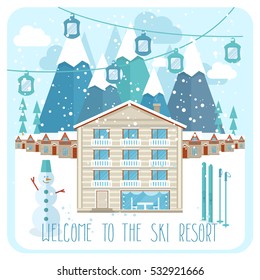 Welcome to the ski resort invitation vector illustration. Snow covered cottages of the resort on background snowy mountain landscape. Family ski resort in mountains, winter time, snow and fun concept