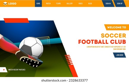 Welcome To Soccer Football Club Landing Page Design with Closeup Shot of Football Player Kicking Soccer Ball.