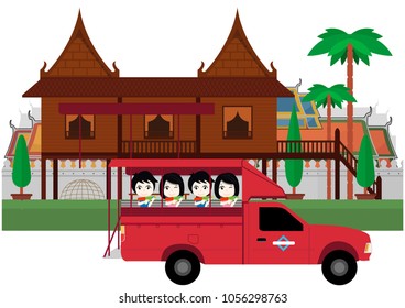 Welcome to Songkran Festival in red minibus, vector illustration