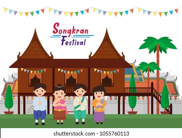 Welcome to Songkran Festival at Thai Traditional House, vector