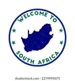 Welcome to South Africa stamp. Grunge country round stamp with texture in Gale of the Wind color theme. Vintage style geometric South Africa seal. Superb vector illustration.