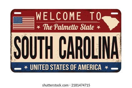 Welcome to South Carolina vintage rusty license plate on a white background, vector illustration