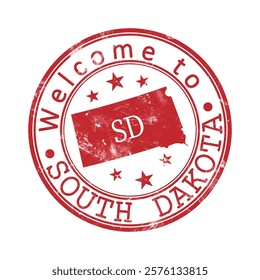 Welcome to South Dakota. A worn stamp with a silhouette of the state and an abbreviated designation. Print impression, a template for creative design