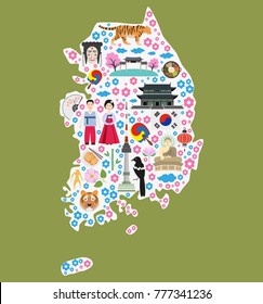 Welcome to South Korea. Colorful poster with symbols of South Korea. Silhouette of map of South Korea with flat icons. Vector illustration.