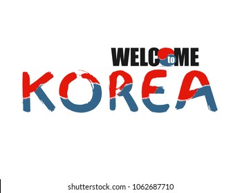 Welcome South Korea font stylized of colors national country flag. Hand drawn vector illustration. Korean colorful brush strokes painted  calligraphy text. 