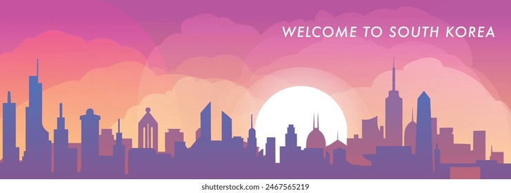 Welcome to South Korea skyline with cities panorama, gradient vector banner. Colorful Seoul, Busan, Incheon, Daegu, Daejeon silhouette for footer, steamer, header, horizontal graphic