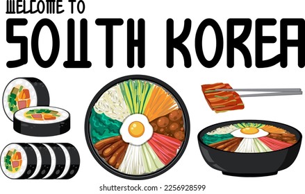 Welcome to South Korea text with traditional Korean food illustration