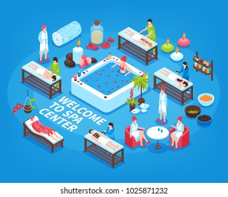 Welcome to spa center isometric background with people getting back massage and spa procedures vector illustration 