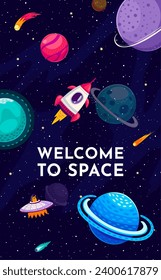 Welcome to space banner. Flying spaceship and UFO between galaxy planets, stars and comets. Galaxy exploration and space research vector poster with cartoon planets, alien flying saucer and rocket