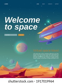 Welcome to space, cartoon landing page with ufo spaceship on alien planet surface. Virtual travel to universe, galaxy explore futuristic educational technologies, cosmic advertising, Vector web banner