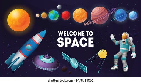 Welcome to space colorful composition of planets sun solar station satellite spacecrafts astronaut set background vector illustration 