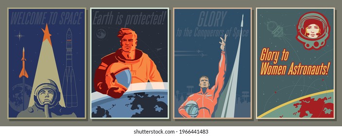 Welcome to Space Illustration Set, Retro Space Propaganda Posters Style, Astronauts and Spacecraft 