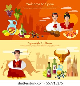 Welcome to Spain banner. Traditions and culture spanish attractions people flamenco matador bullfight 