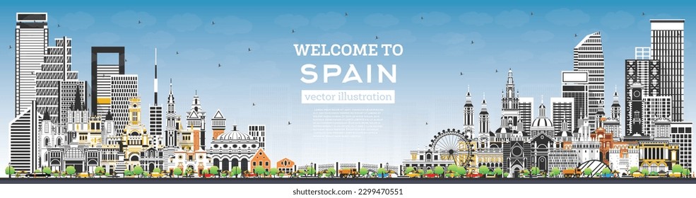 Welcome to Spain. City Skyline with Gray Buildings and Blue Sky. Vector Illustration. Modern and Historic Architecture. Spain Cityscape with Landmarks. Madrid. Barcelona. Valencia. Seville. Zaragoza.