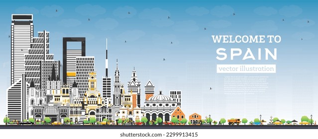 Welcome to Spain. City Skyline with Gray Buildings and Blue Sky. Vector Illustration. Modern and Historic Architecture. Spain Cityscape with Landmarks. Madrid. Barcelona. Valencia. Seville. Zaragoza.