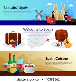Welcome to spain informative colorful horizontal banners set for travelers with national food and landmarks vector illustration 