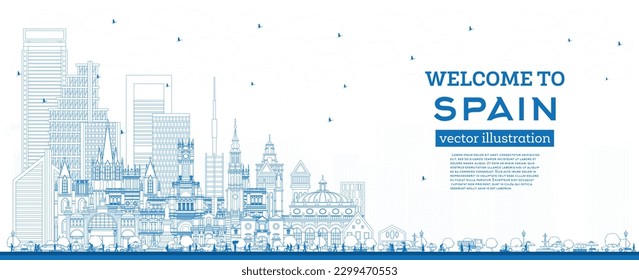 Welcome to Spain. Outline City Skyline with Blue Buildings. Vector Illustration. Modern and Historic Architecture. Spain Cityscape with Landmarks. Madrid. Barcelona. Valencia. Seville. Zaragoza.
