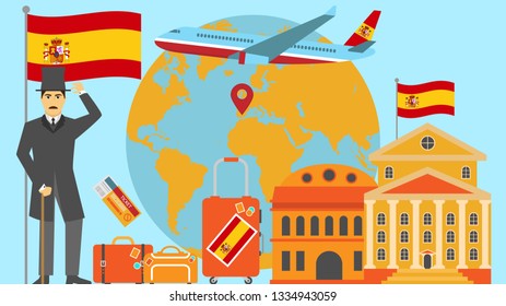 Welcome to Spain postcard. Travel and safari concept of Europe world map vector illustration with national flag