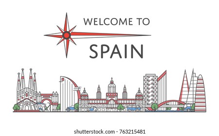 Welcome to Spain poster with famous architectural attractions in linear style. Worldwide traveling and time to travel concept. Barcelona city landmarks panorama, european tourism vector background.