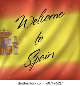 Welcome to Spain text on bokeh styled background with flag of Spain