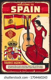 Welcome to Spain, tourism and travel agency vector vintage poster. Spanish culture and historic landmarks tours, flamenco dance and traditional guitar music, Madrid and Seville sightseeing