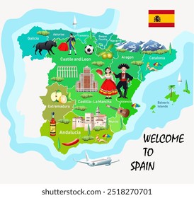 Welcome to Spain. Tourist map of Spain. Vector art illustration