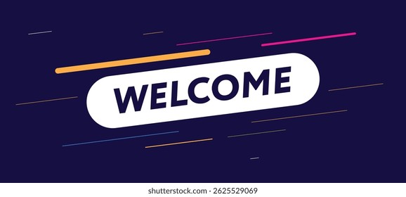 Welcome, speech bubble. Color illustration, template for design, flyer or presentation. Memphis geometric style with message welcome for banner, poster. 