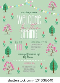 Welcome to the spring announcing poster template. Text customized for invitation to event. Park with blossoming trees, flowers and colorful flags. Soft green background. Vector illustration.