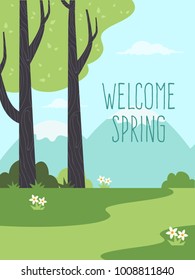 Welcome Spring. Background with Trees and Text. Flat Design Style. 