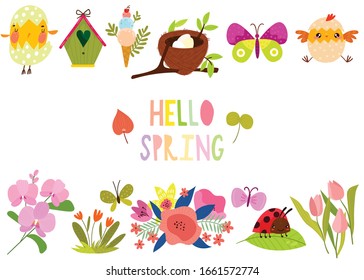 Welcome spring banner. Colorful background with cute animals and flowers for greeting card, invitation template.