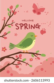 Welcome Spring Bird Butterfly Illustration