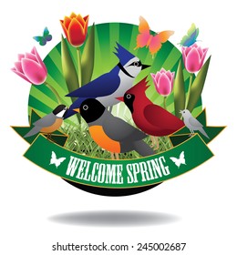 Welcome spring birds and tulips burst icon EPS 10 vector stock illustration