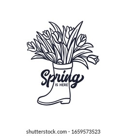 Welcome spring black and white vector illustration with tulips garden boots bouquet