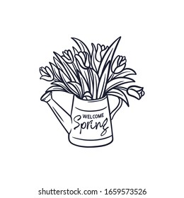 Welcome spring black and white vector illustration with tulips watering can bouquet