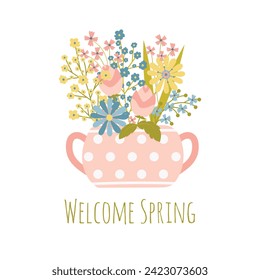 Welcome spring. Spring bouquet. Hand drawn spring print, card, poster, greeting card template. 