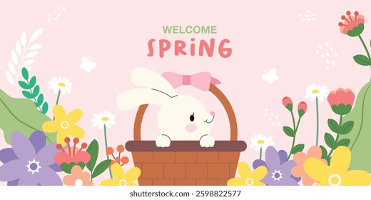 Welcome Spring Bunny in a Basket - Cute Floral Illustration