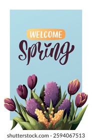 Welcome Spring card design with flowers. Spring time, nature, gardening. Vector illustration for card, cover, poster, postcard	