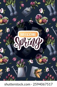 Welcome Spring card design with rubber boots with tulips, watering can, envelope with mimosa. Spring time, nature, gardening. Vector illustration for card, cover, poster, postcard.	