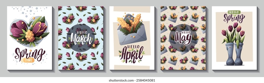 Welcome spring cards with flowers, rubber boots envelope with mimosas. Spring time, nature, beauty, gardening. Vector illustration for card, cover, poster, postcard.