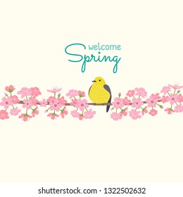 Welcome Spring, Cherry Blossoms and A Yellow Bird on the branch of pink flowers