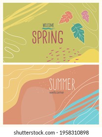 Welcome spring colorful background and welcome summer background. Flat and lined style with nature, geometric and other abstract elements in hand drawn style. Suitable for landing pages, banners, ads