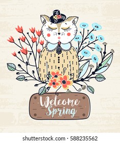 Welcome spring. Colorful greeting background with cute cat in flowers. Sketch of animal. Card, postcard, invitation or poster. Vector illustration, eps10